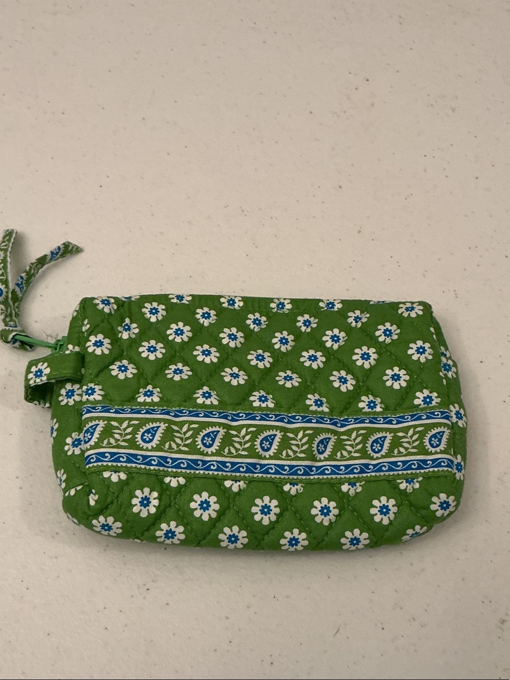 Vera Bradley Green Floral Quilted Cosmetic Pouch with Blue Trim
